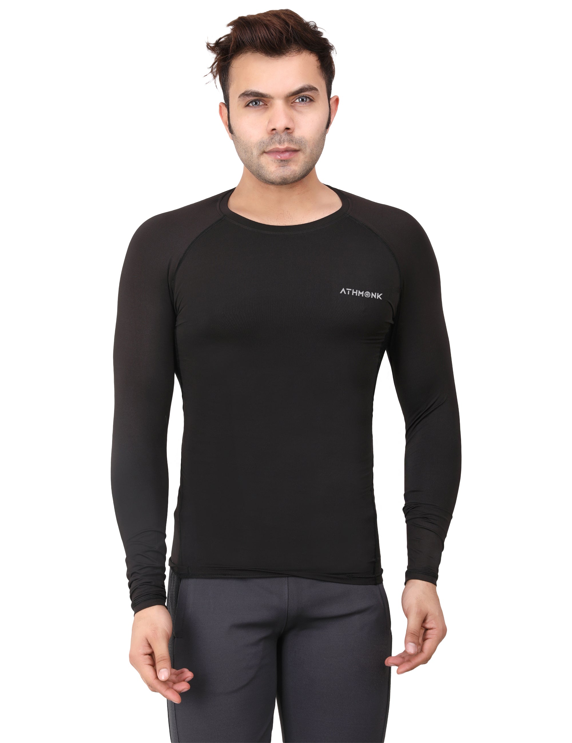 Athmonk Compression T-Shirt Vest Upper Body Shaper for Men Boys Branded - 4-Way Stretch Lycra Fabric - Workout Gym Cricket Running Football Sports Training - Keep Dry Tight Skin Fit - Round Neck